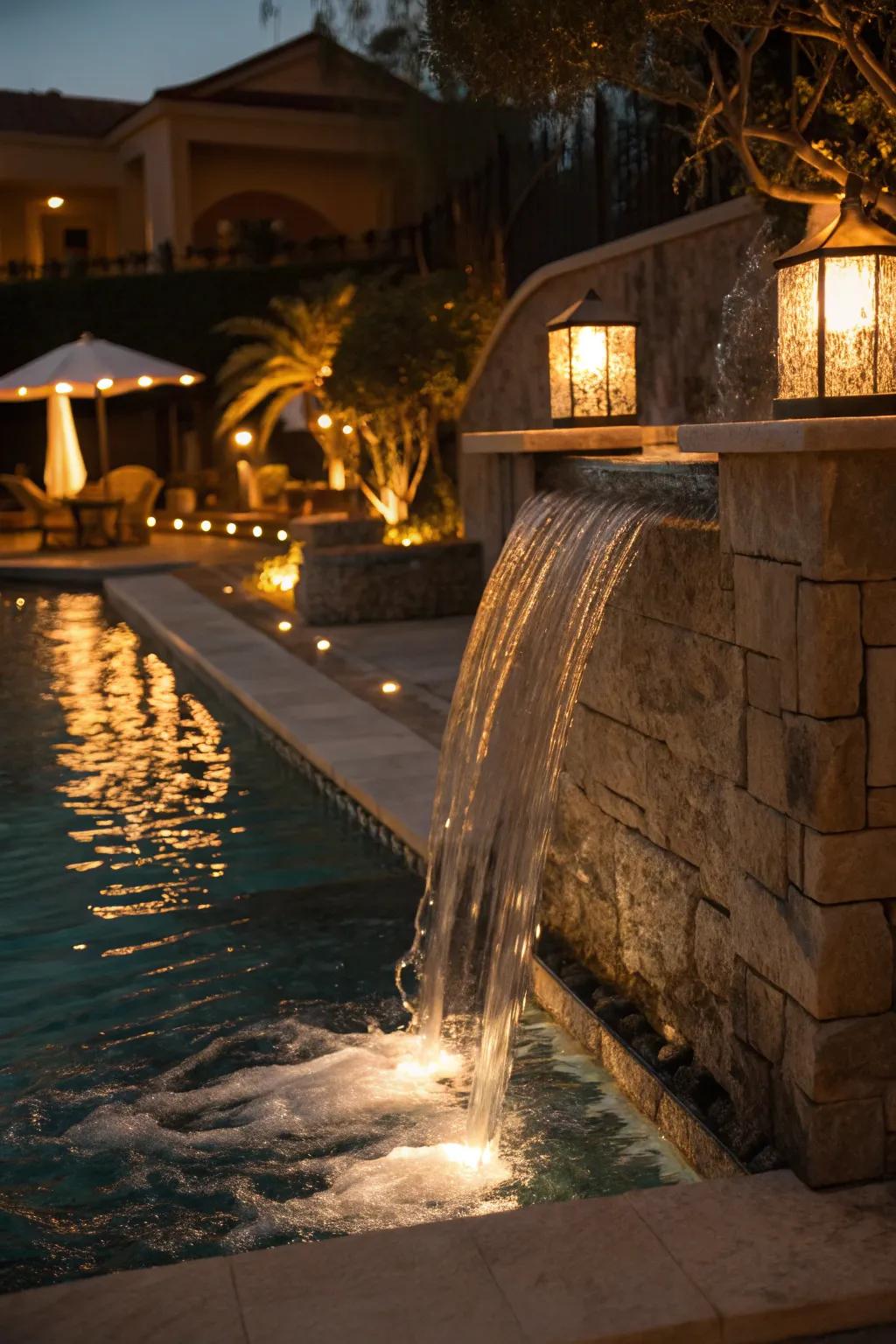 Warm lights provide a cozy, inviting poolside ambiance.