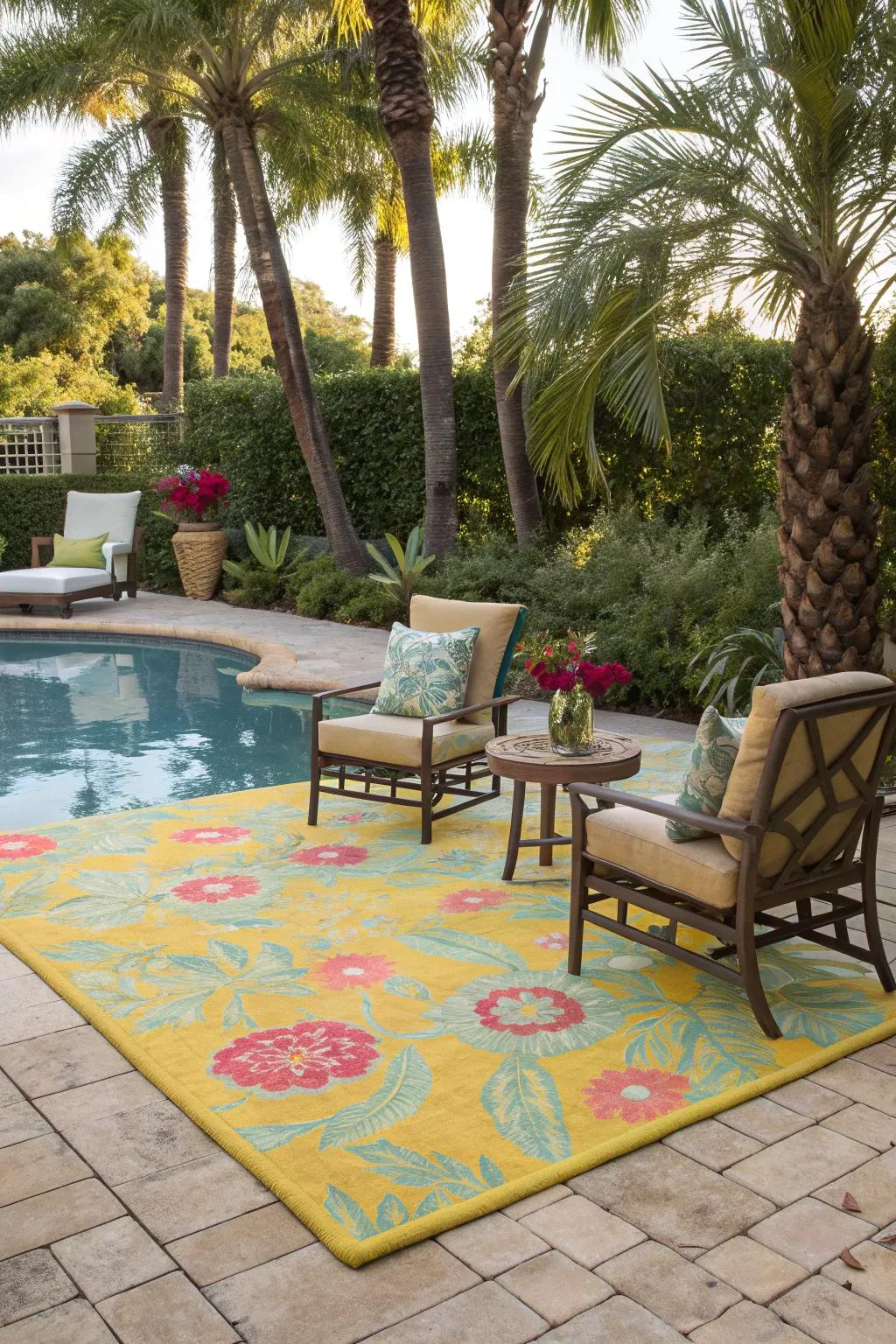 Outdoor rugs define spaces and add color to the deck.