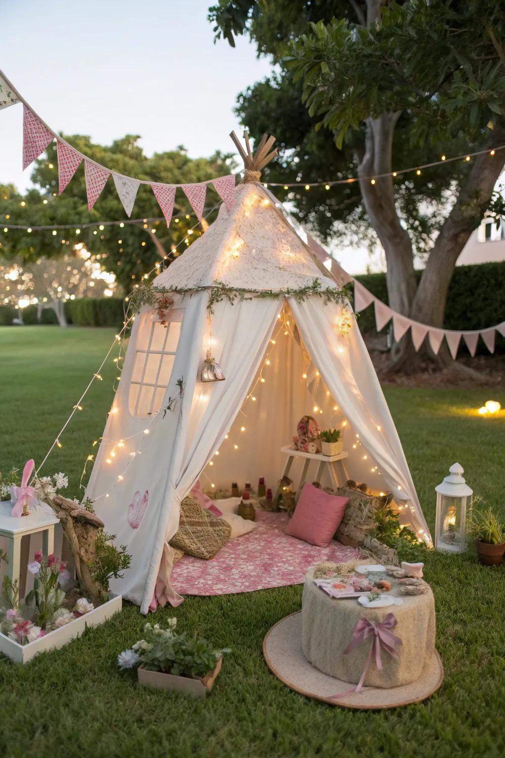 Create a whimsical garden with fairy elements.