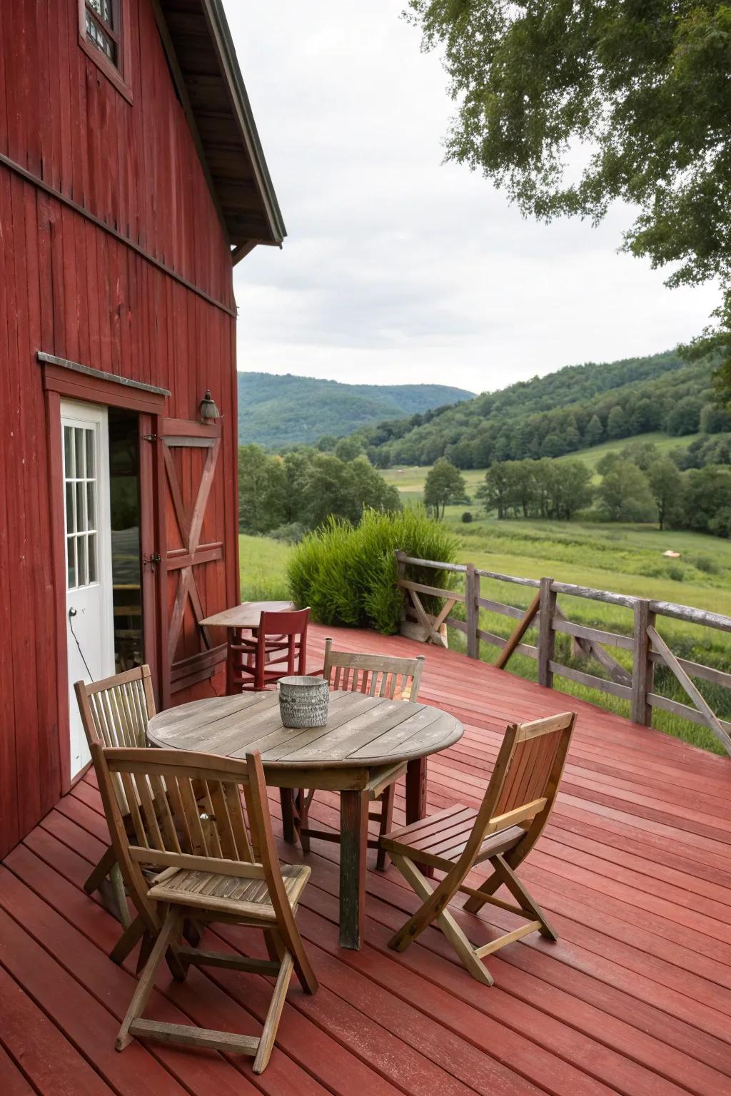 Barn Red decks offer a warm, rustic charm.