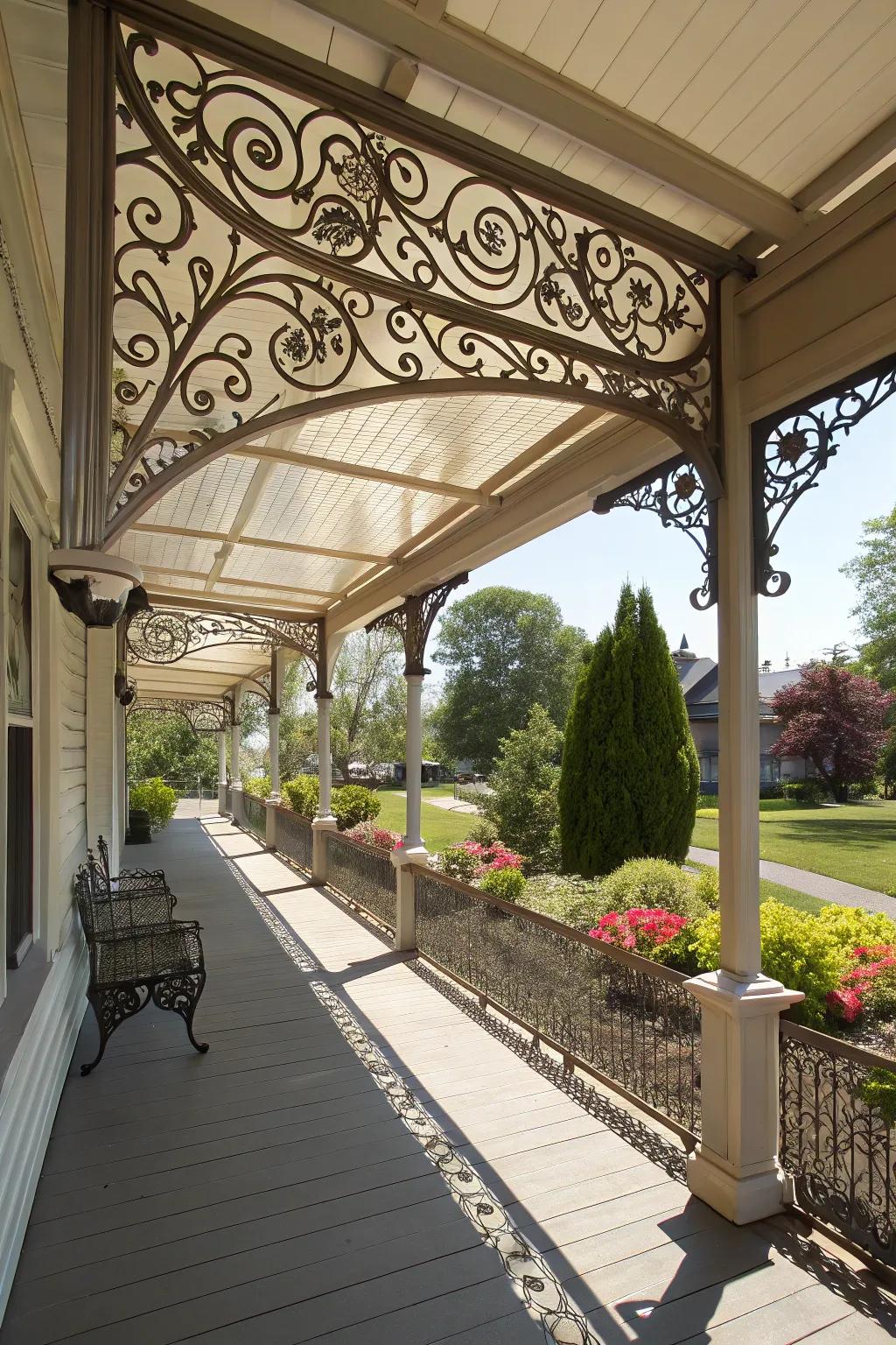 Artistic metalwork makes awnings a focal point.