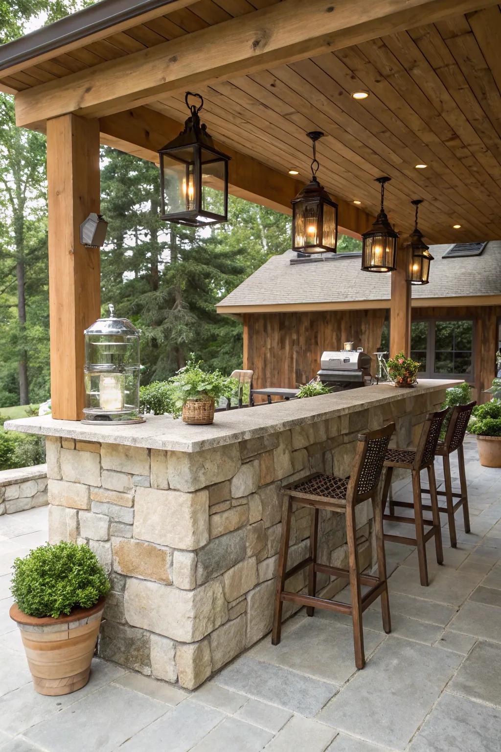 Natural stone adds luxury and durability to your porch bar.