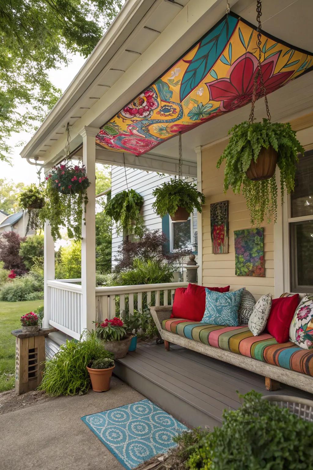 Splash your porch with creativity using an artistic canvas awning.
