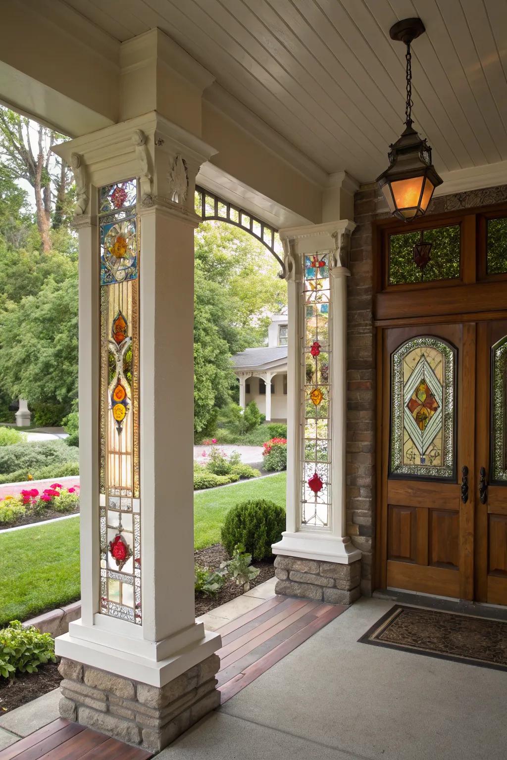 Stained glass adds elegance and color to porch columns.