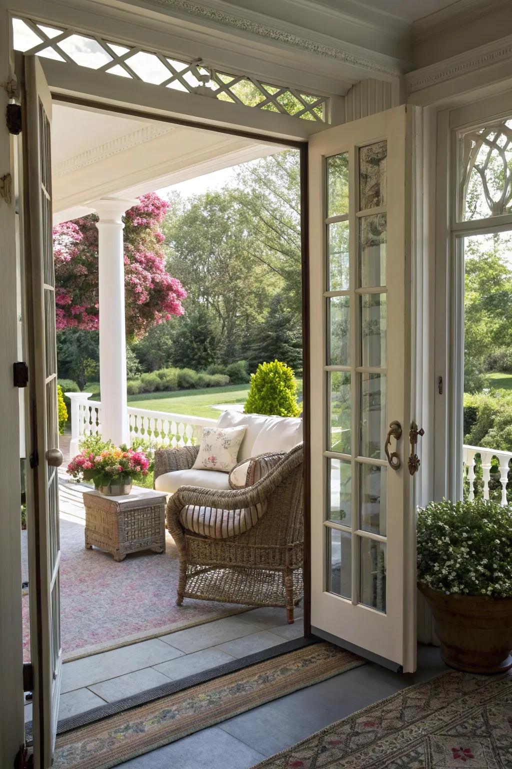 Elegant French doors create an open and inviting porch atmosphere.