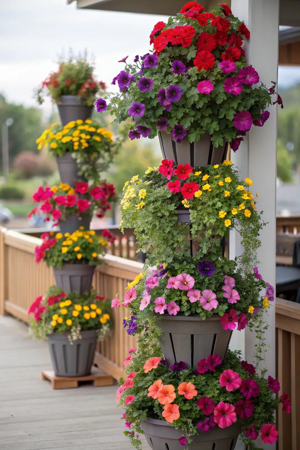 Vertical planters make a dramatic floral statement.