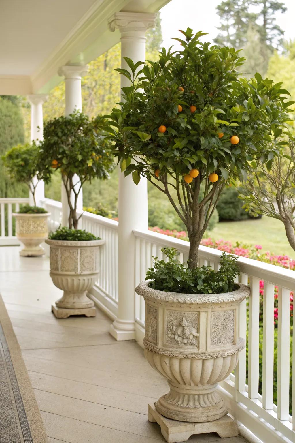 Citrus trees in pots offer a Mediterranean flair to your porch.