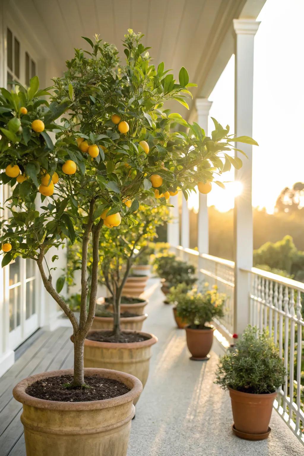 Citrus trees in pots bring a Mediterranean vibe to the porch.
