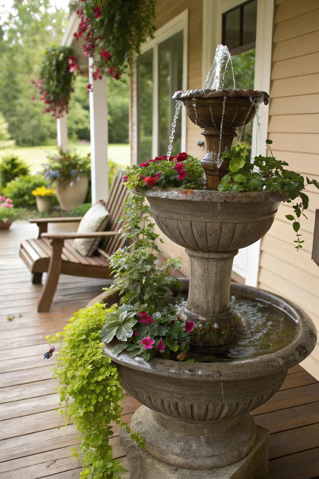 A tiered ceramic planter fountain combines plants and water beautifully.