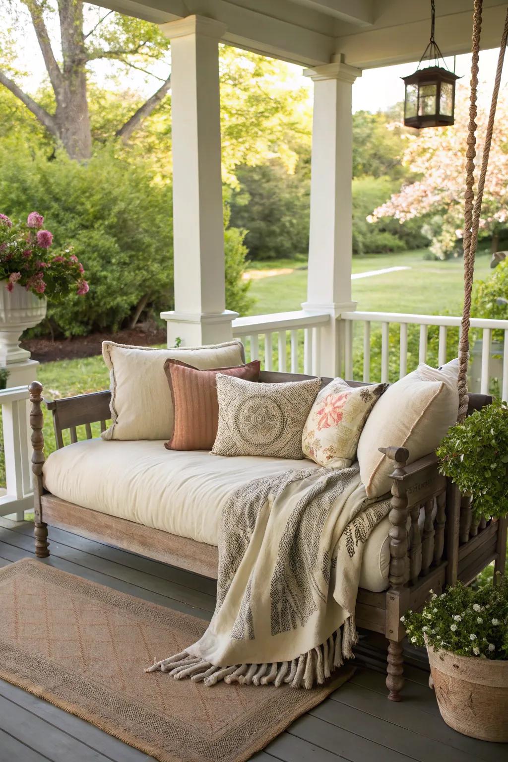 A daybed transforms the porch into a luxurious retreat.