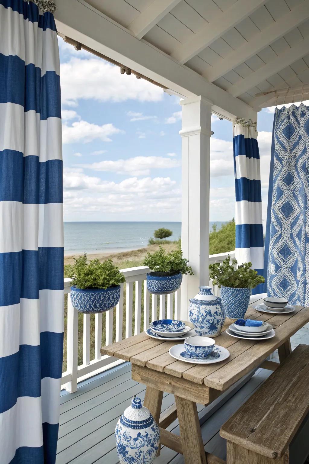 A nautical color theme transforms the porch into a coastal retreat.