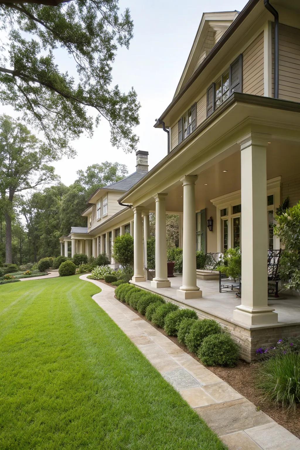 Complementary landscaping ties the porch and house together.