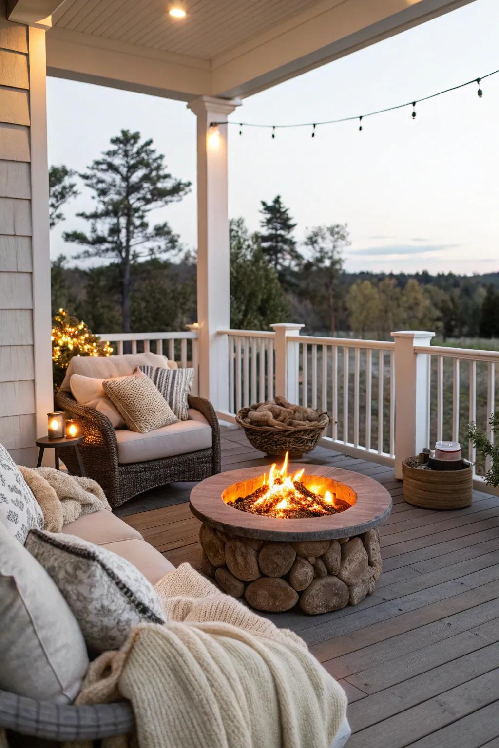 A fire pit adds warmth and becomes a cozy gathering spot.