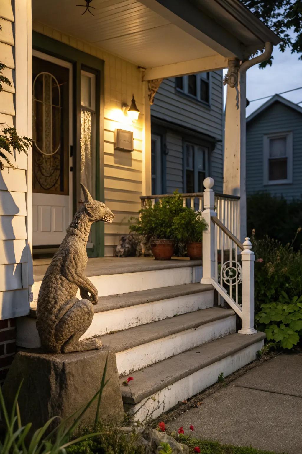 Unexpected sculptures add intrigue to the stoop.