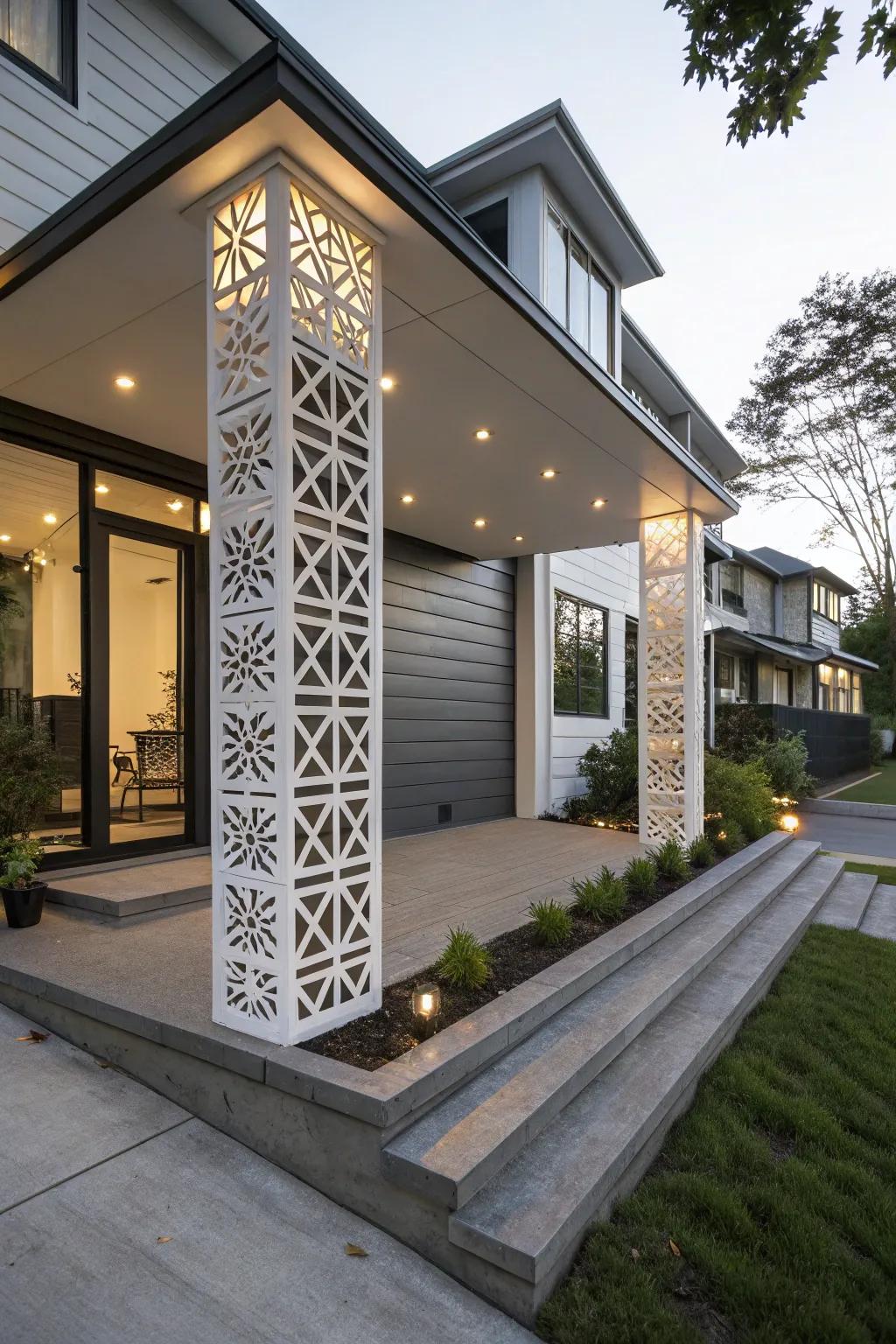 Geometric paneling adds a modern artistic twist to porch posts.