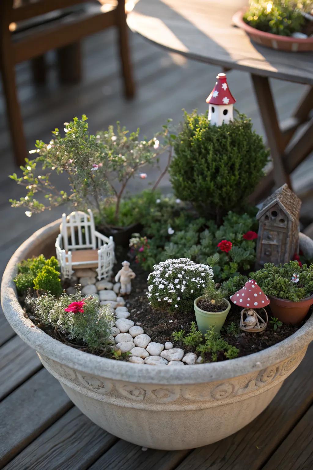 Miniature gardens create tiny outdoor oases.