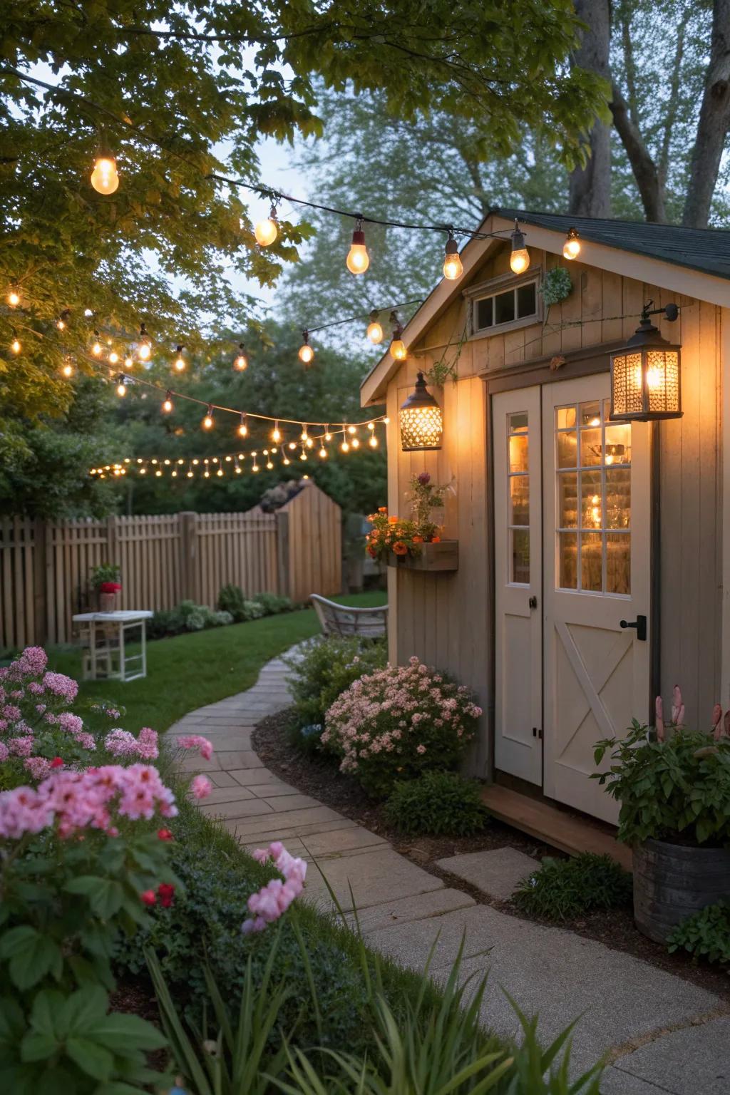 Potting shed with cozy mood lighting.