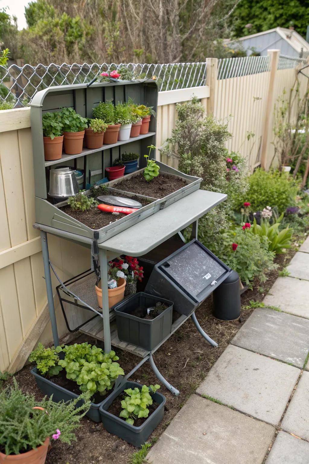 A foldable potting bench offering space-saving convenience.