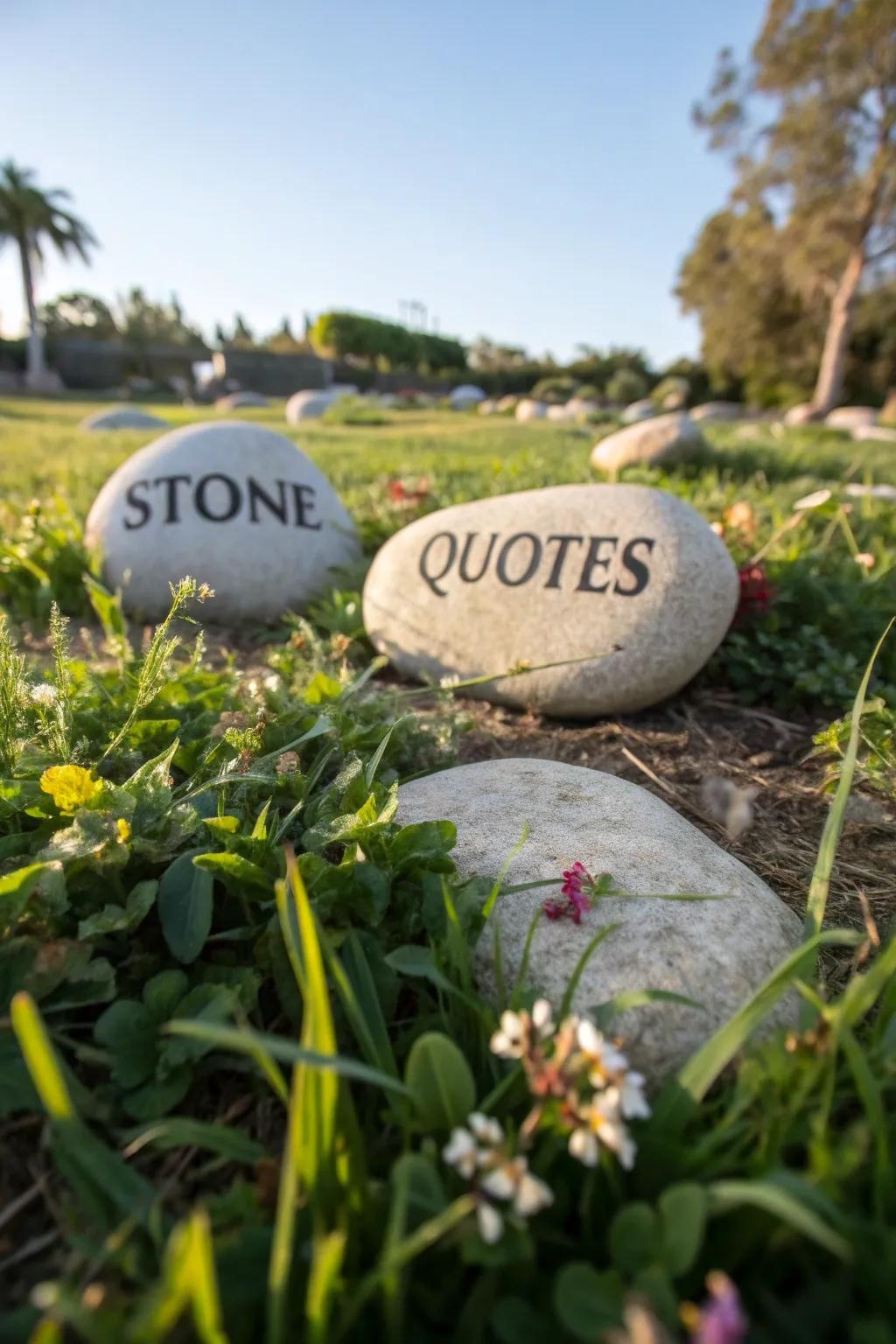Stones with inspirational quotes adding a personal touch to the garden.