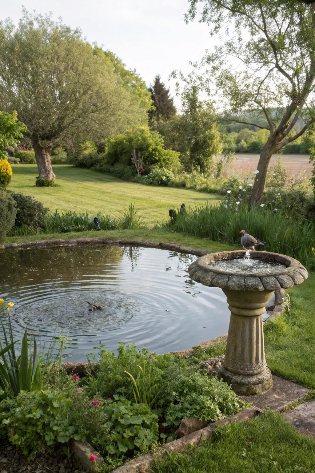 A charming bird bath complementing a preformed pond, inviting nature’s guests.