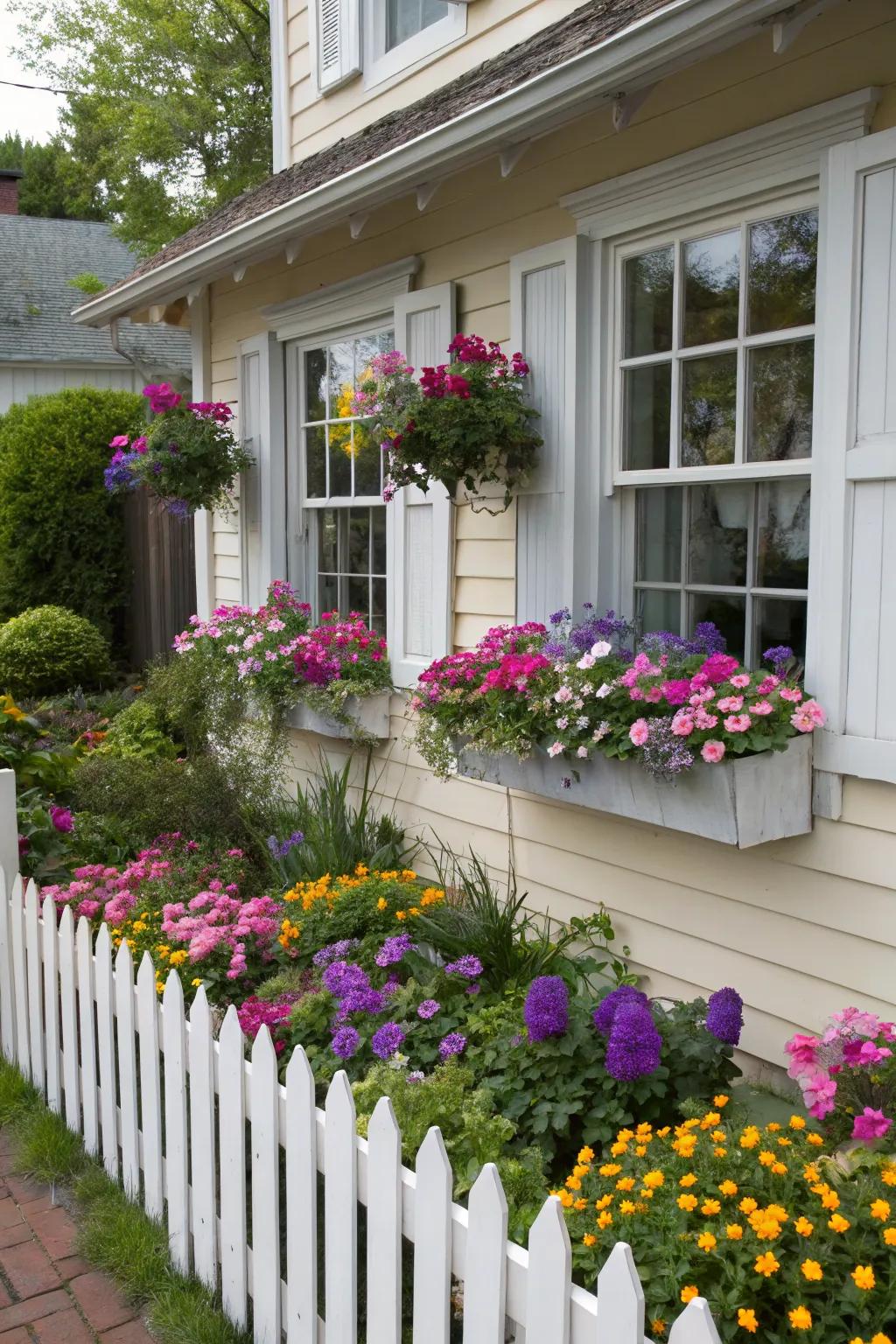 Window boxes with primroses offer a cheerful view.
