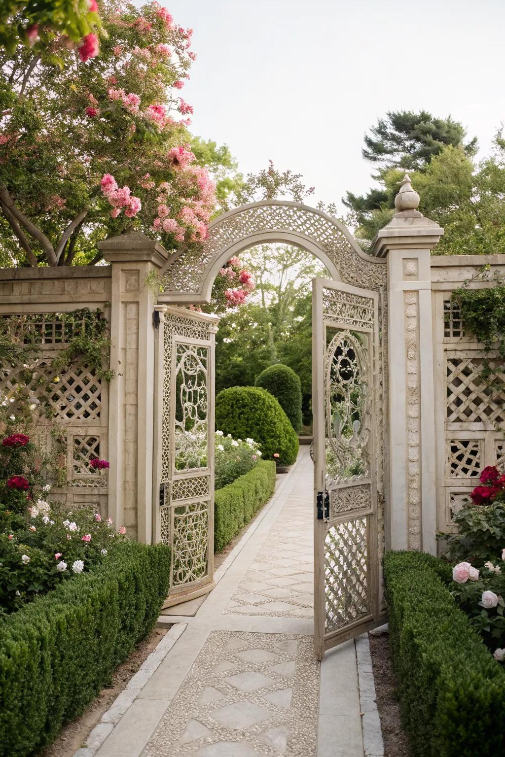 Intricate lattice work enhances privacy and beauty.