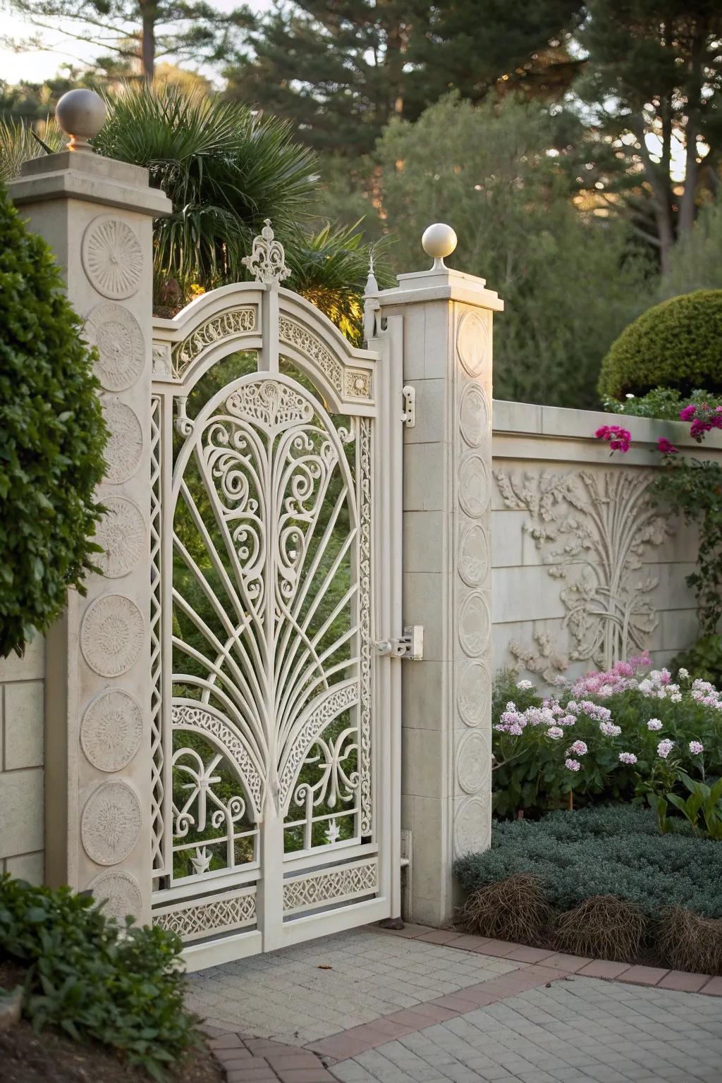 An Art Deco inspired gate adding vintage glamour to the garden.