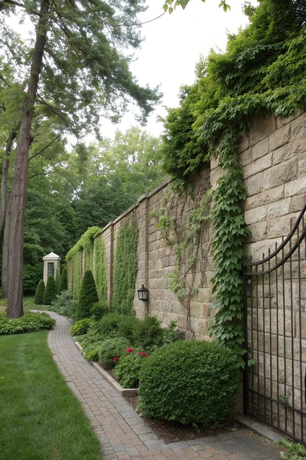 Stone walls with greenery offer a robust and elegant privacy screen.