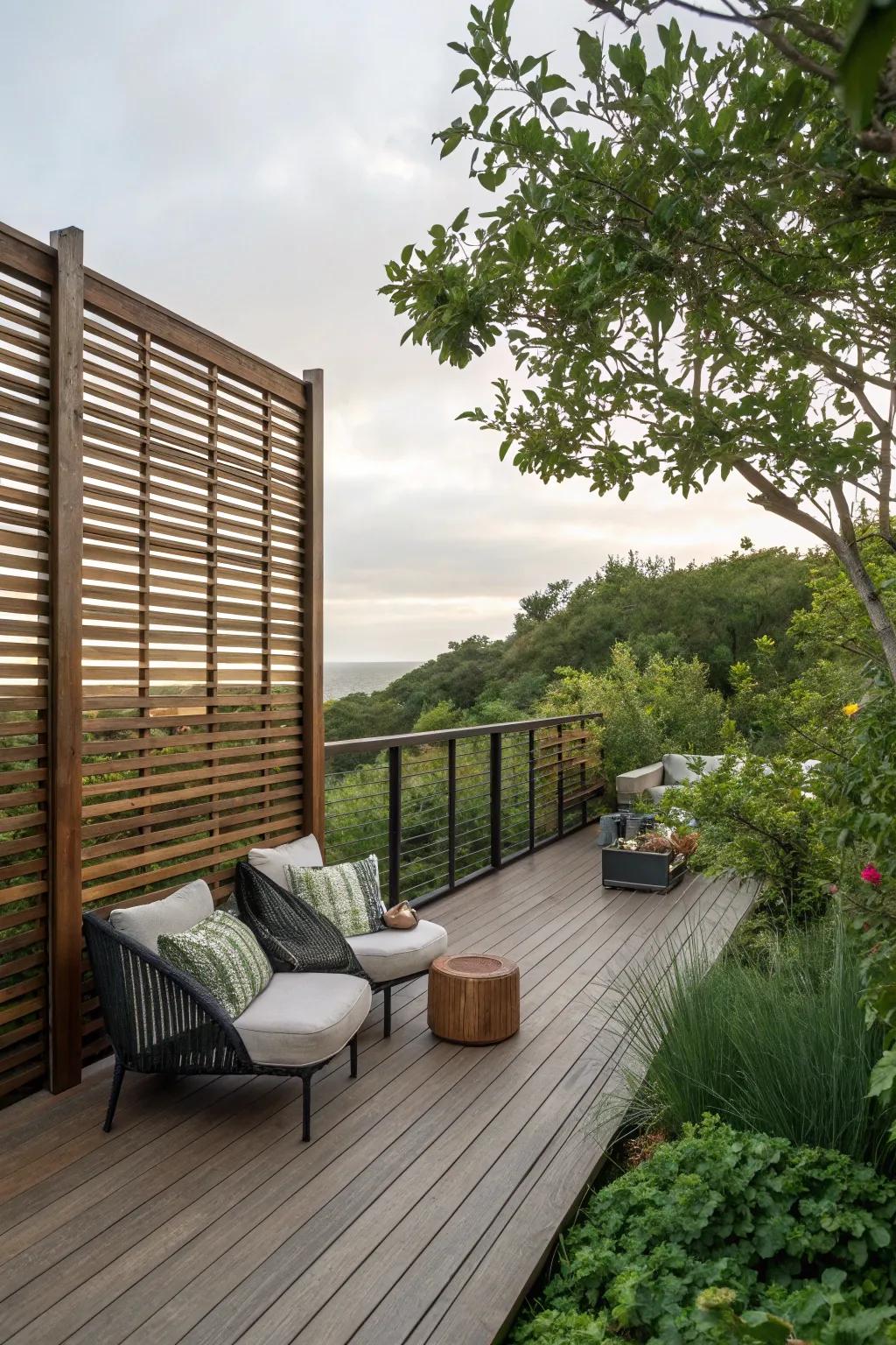Slatted wood screens offer a contemporary look and privacy.