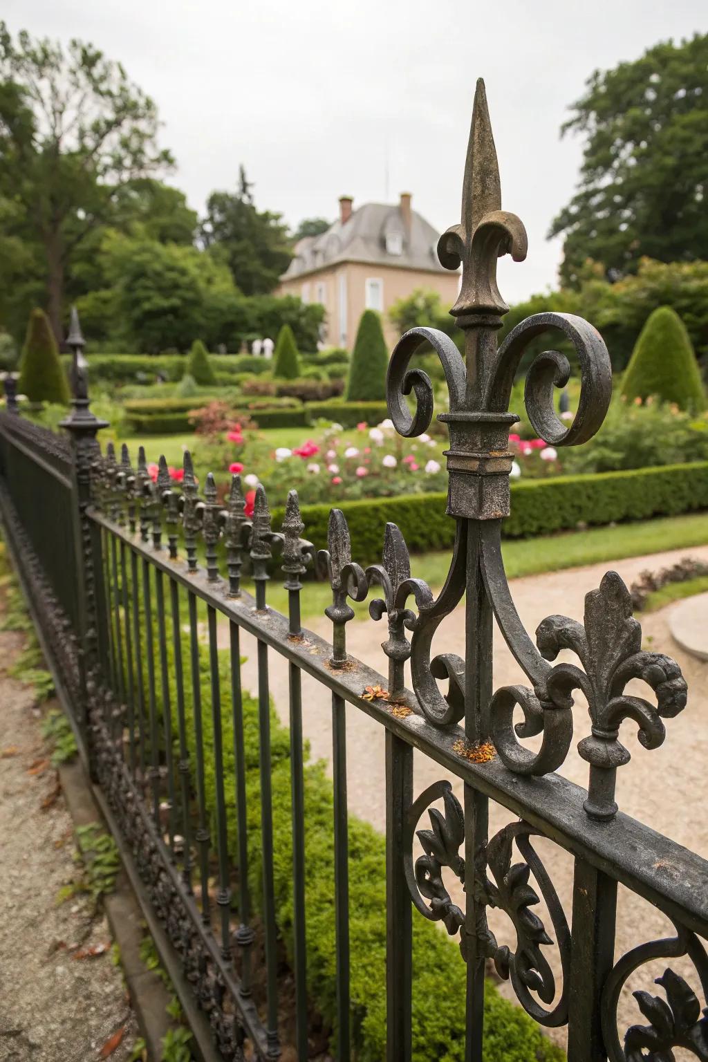 A wrought iron fence featuring Fleur de Lis accents for European charm.