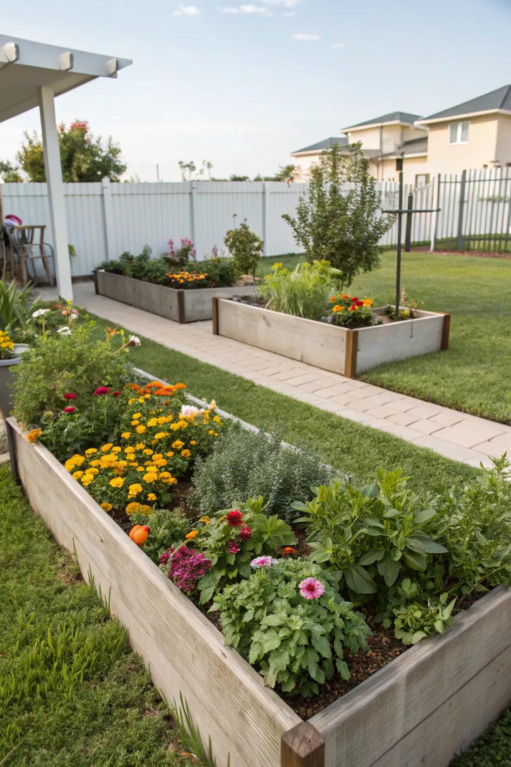 Raised planters add definition and height.