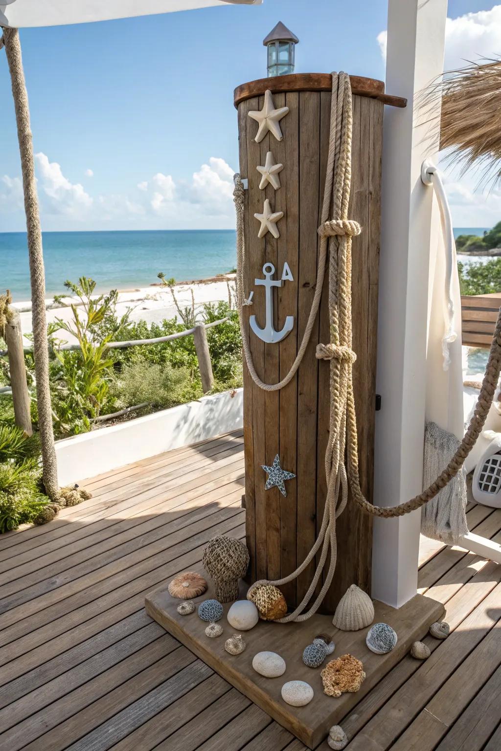 Nautical nook with seaside elements for an ocean-inspired shower.