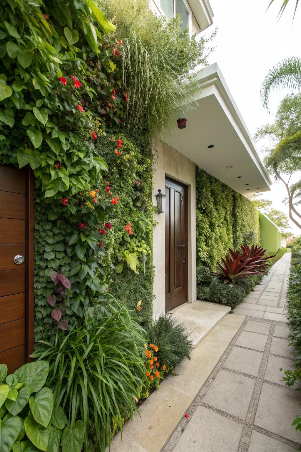 Vertical gardens offer an eco-friendly and eye-catching entrance.