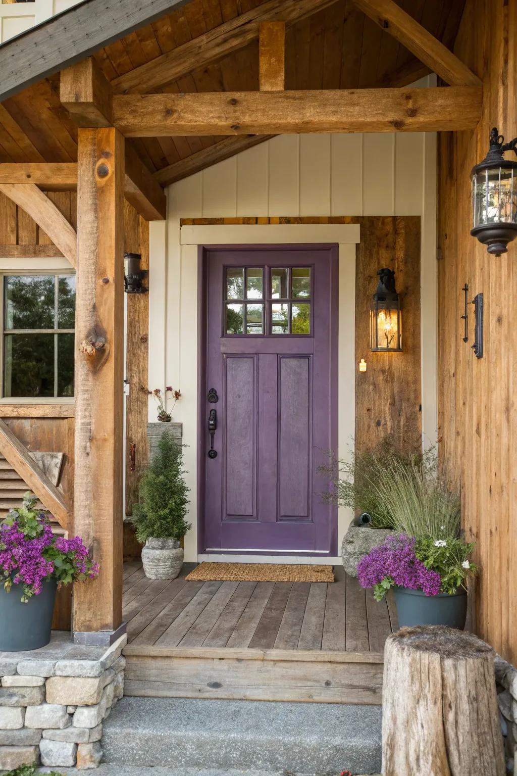 Rustic purple doors paired with wood elements create a cozy feel.