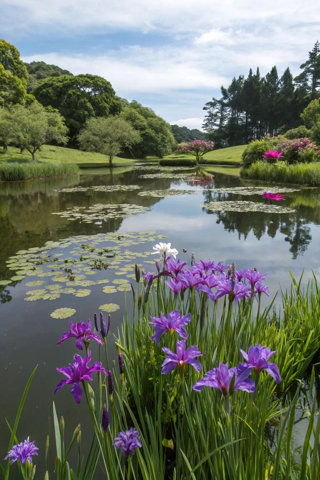 A mystical waterside retreat with purple blooms.