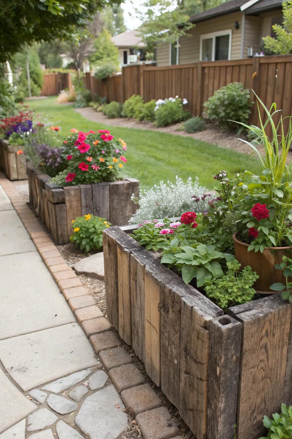 Bring countryside charm with railroad tie planters.