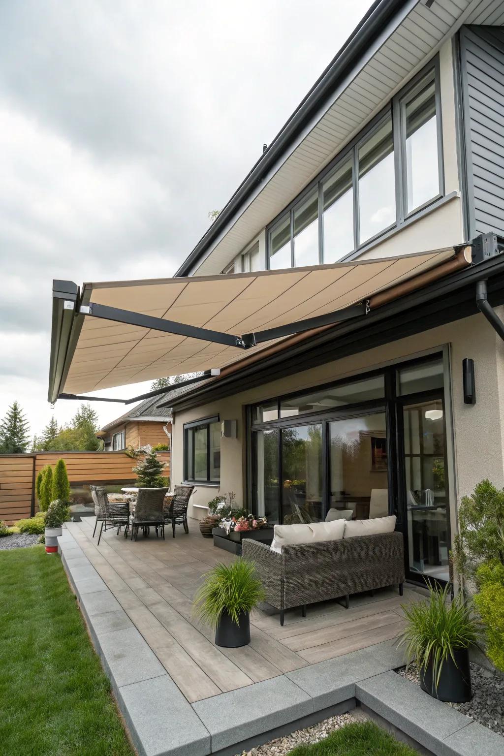 A retractable awning offering flexible rain protection.