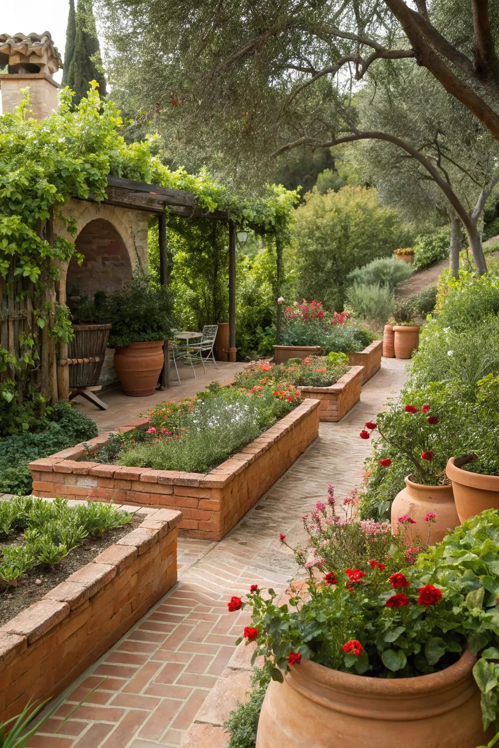 Terracotta pots add a Mediterranean touch to garden borders.