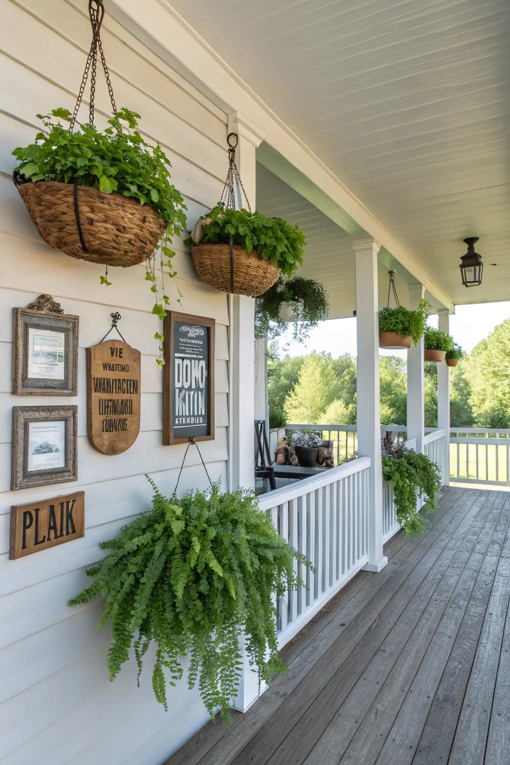 A raised porch utilizing vertical space with hanging planters and decor.