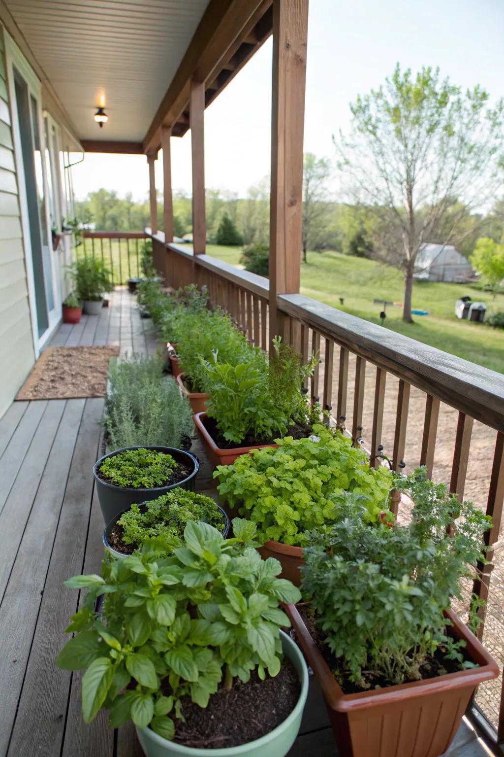 A charming herb garden conveniently located on a raised porch.