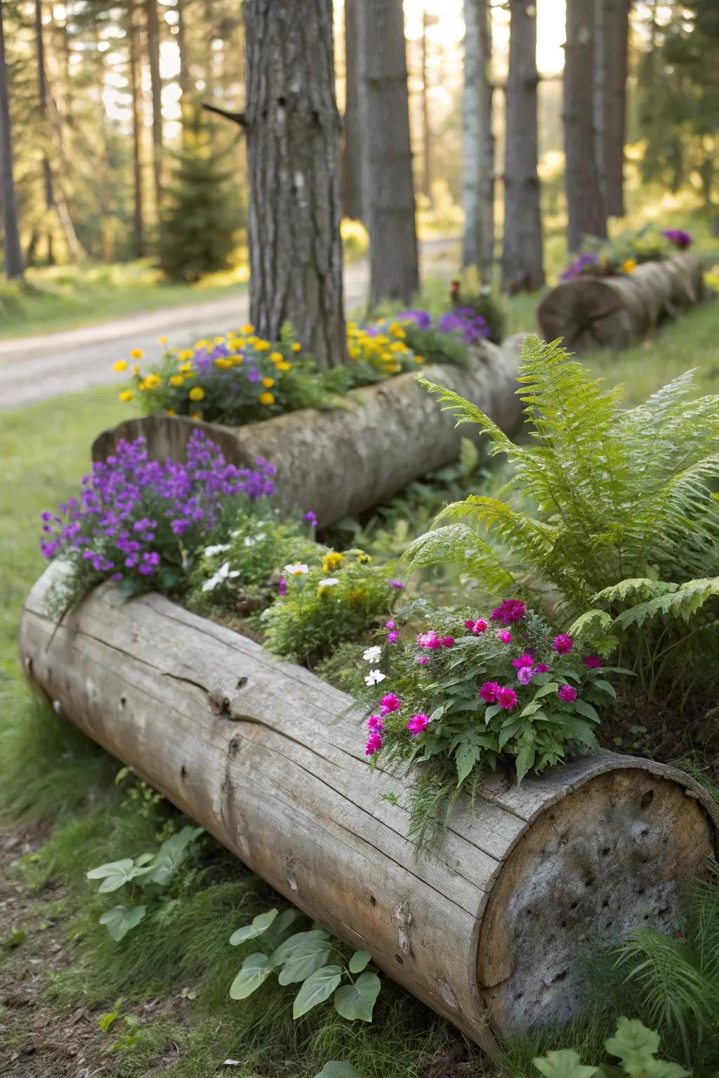 Log planters blend naturally into woodland garden settings.