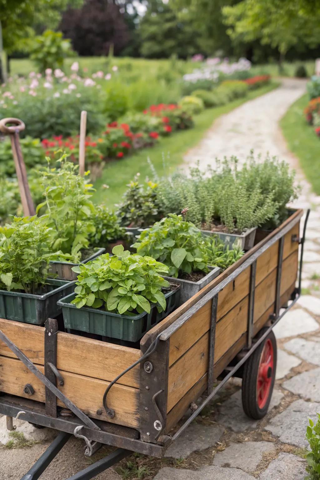 A whimsical portable herb wagon full of life.