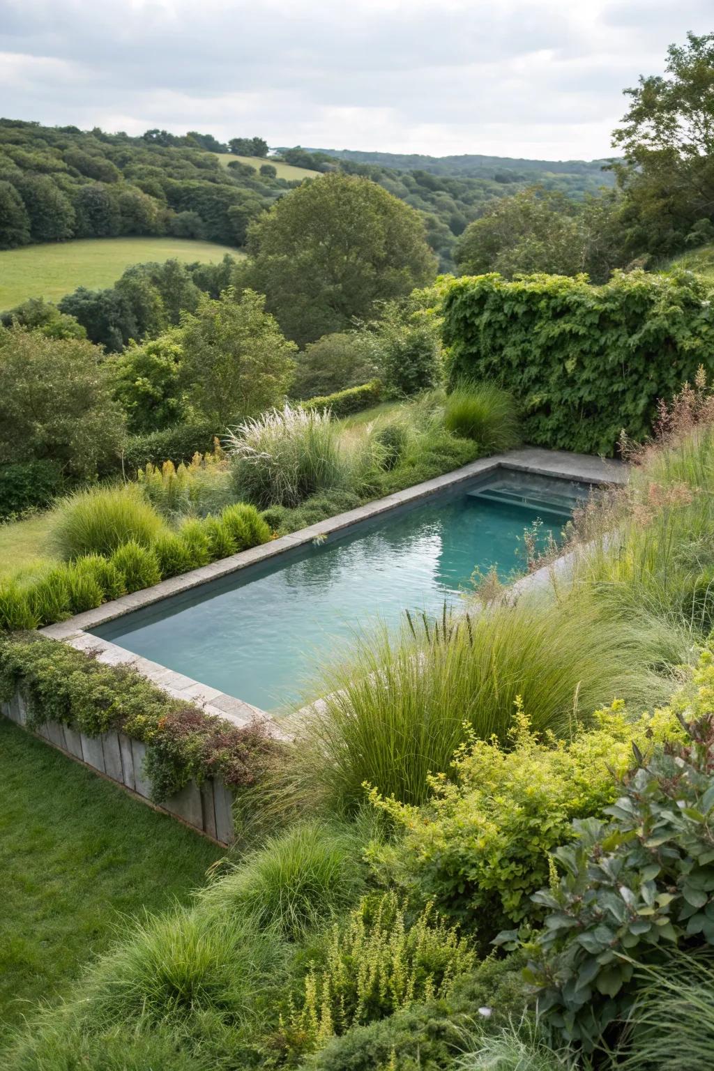 A raised pool with natural screening provided by lush shrubs.