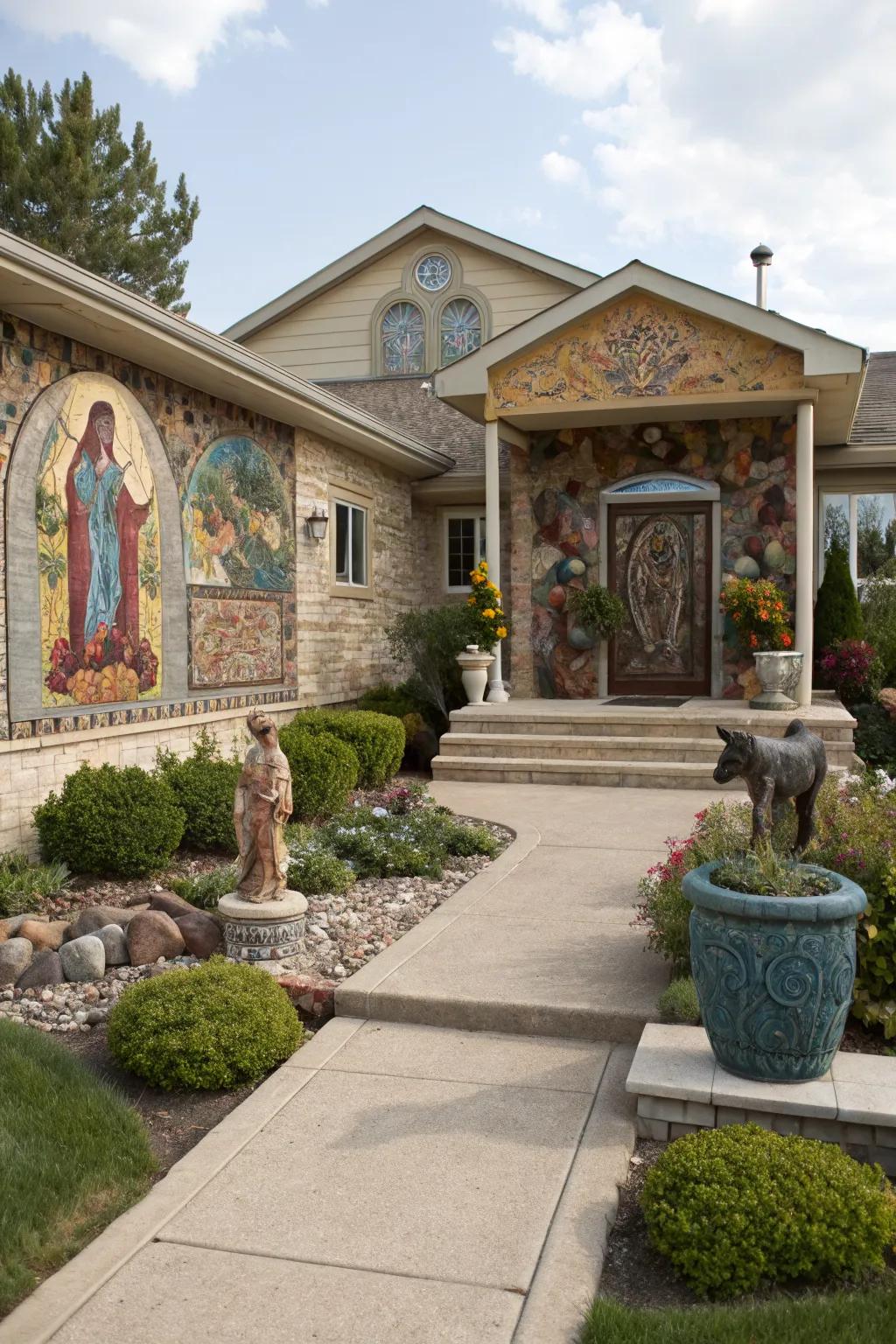 A personalized raised ranch entrance with artistic elements.
