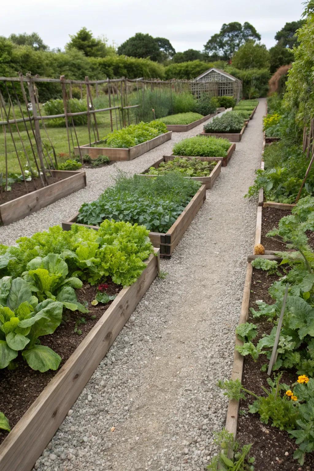 Gravel pathways between raised garden beds creating an organized layout.