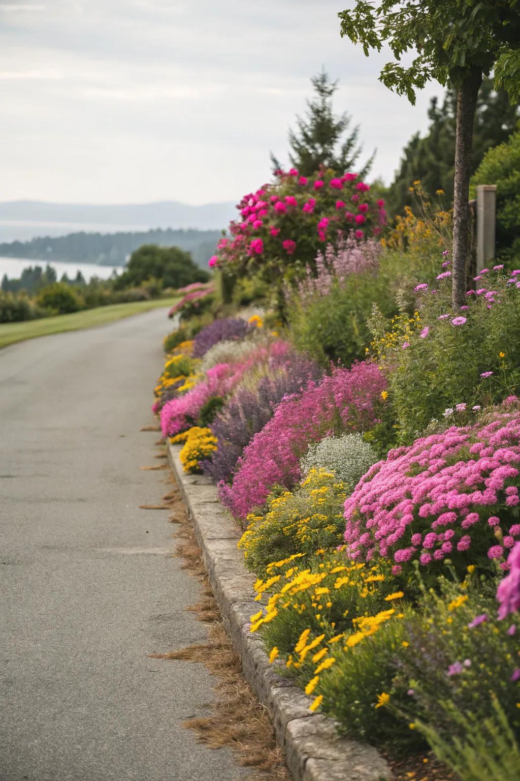 A vibrant border of wildflowers lining a charming driveway.
