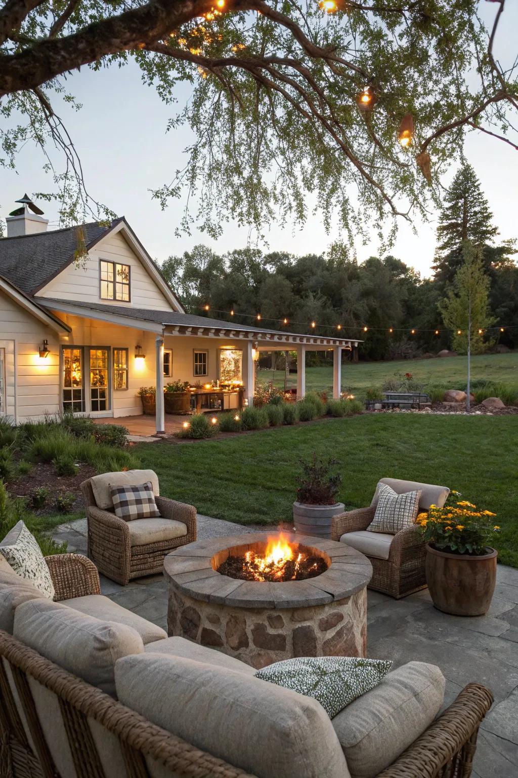 A fire pit area provides a cozy outdoor gathering spot.