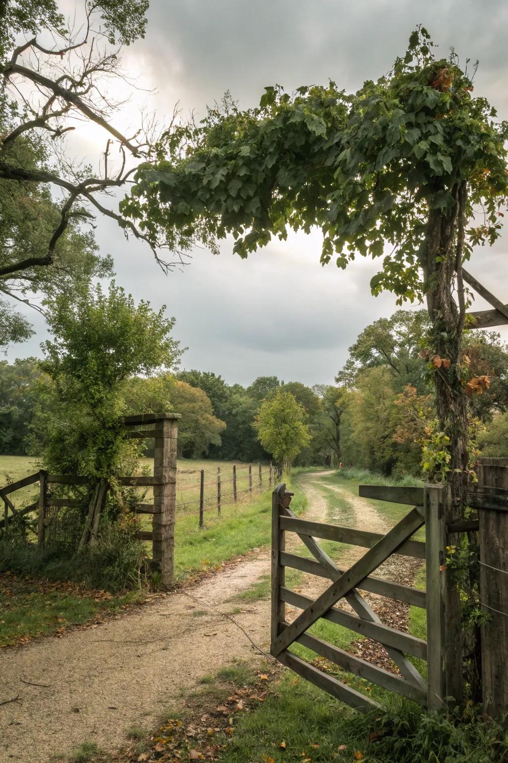 A ranch gate adorned with nature motifs.