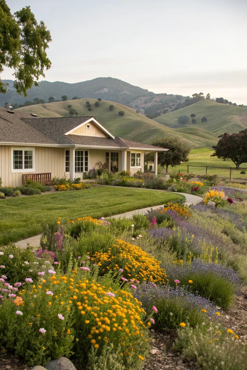 A wildflower meadow adds color and attracts pollinators.