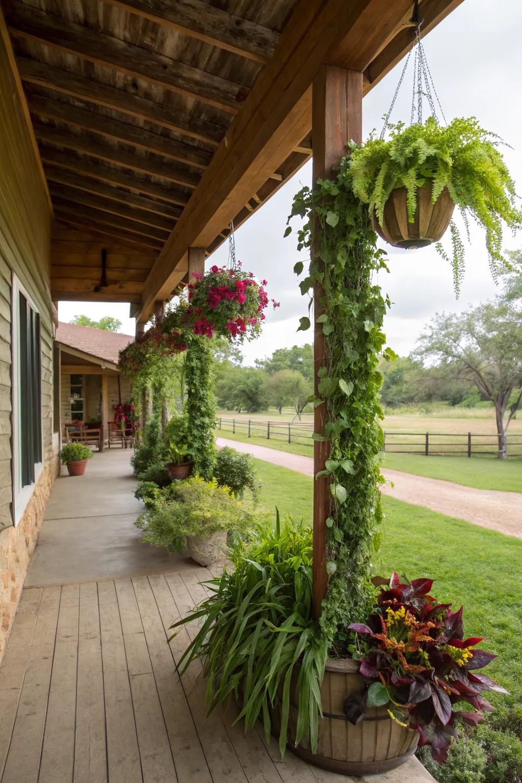 A vertical garden adds lush greenery to this ranch porch.